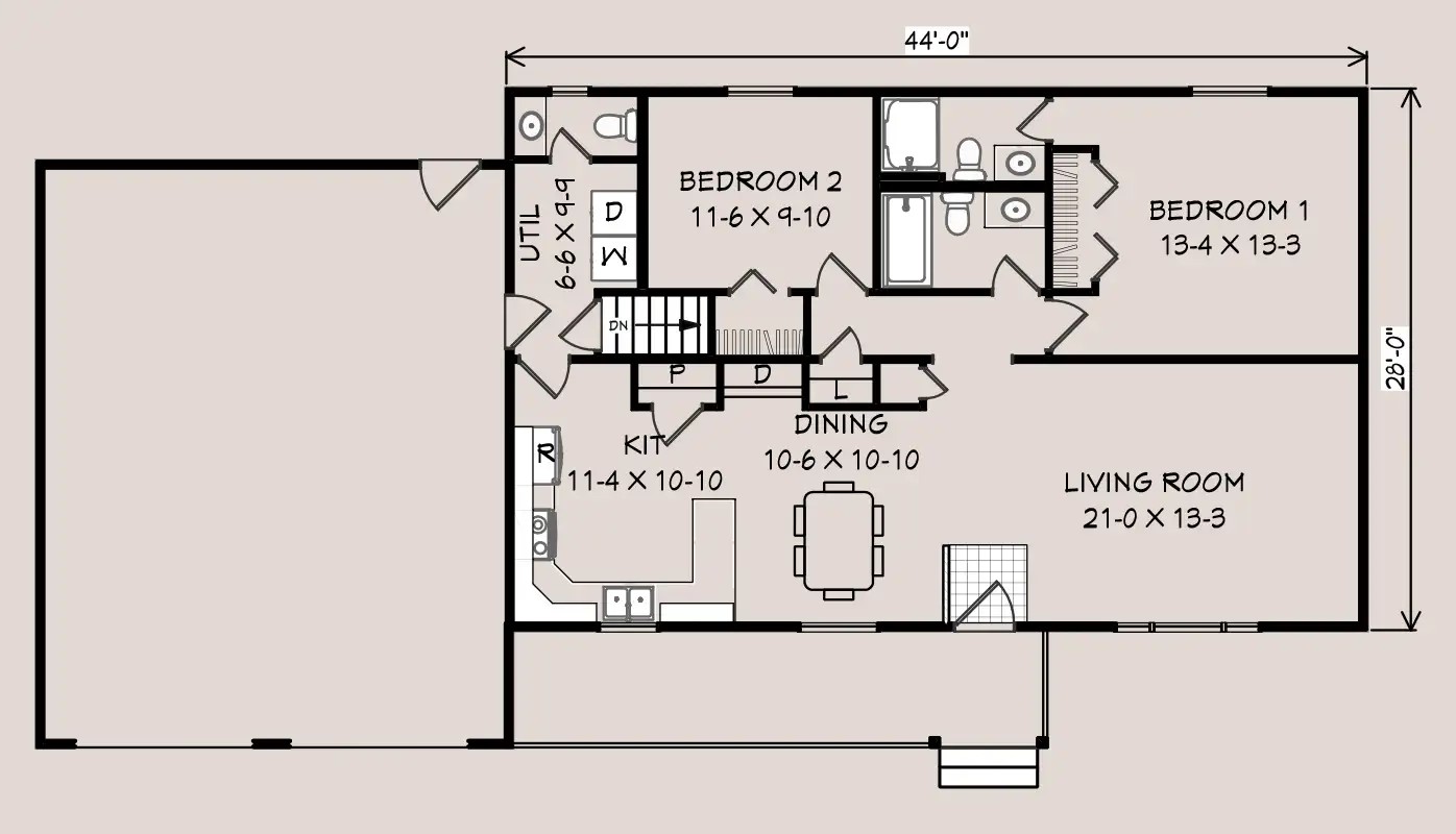 Fruitwood B floor plan, 44 feet by 28 feet, two bedrooms